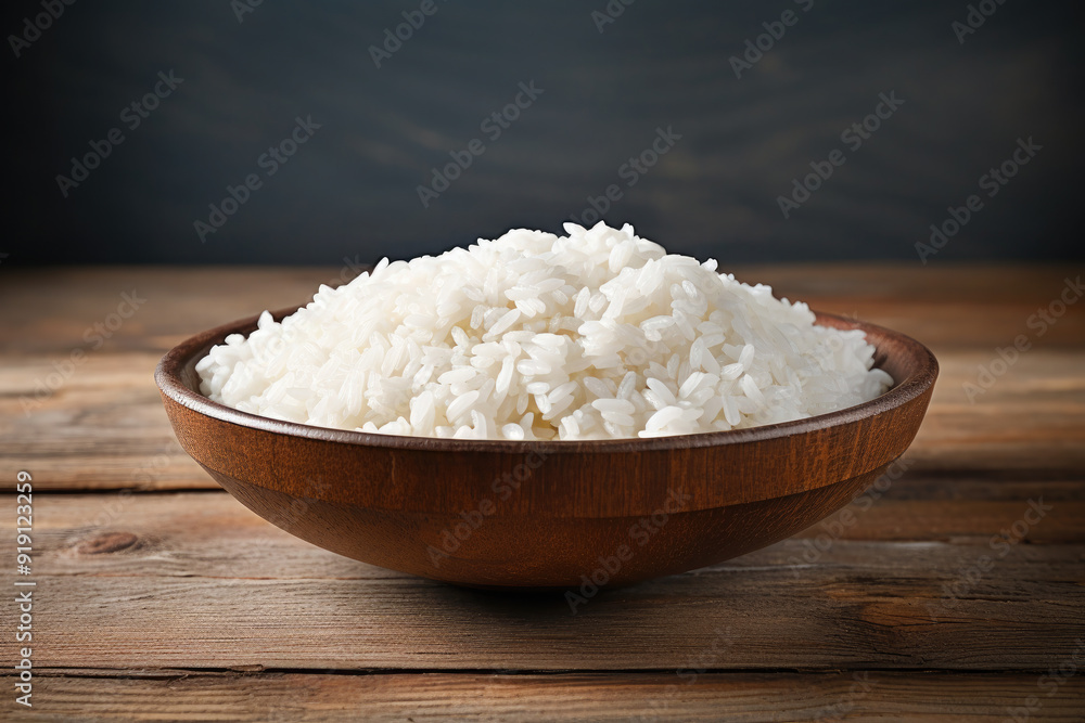 Close up photo of top of rice in clay plate on wooden background. ?opy space Close up photo of top of rice in clay plate on wooden background. ?opy space
