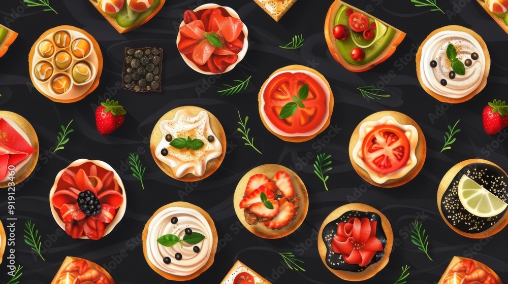 Elegant seamless pattern of high-end appetizers. Elegant seamless pattern of high-end appetizers.