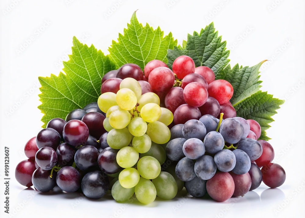 Assorted fresh grapes including black, white, and red varieties surrounded by a single grape leaf, isolated on a clean white background, showcasing natural colors. Assorted fresh grapes including black, white, and red varieties surrounded by a single grape leaf, isolated on a clean white background, showcasing natural colors.