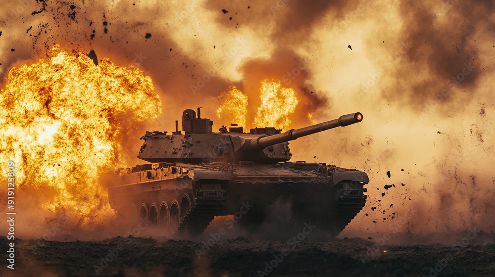 Fototapeta premium Armored Tank Firing Main Cannon - Military Vehicle Action Photo