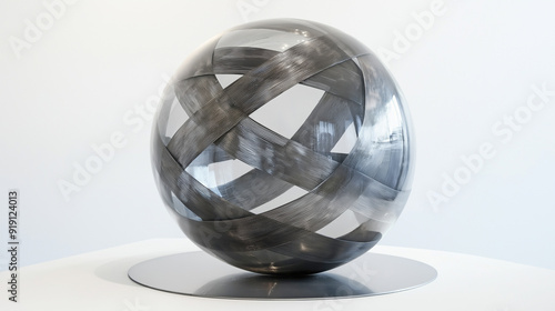 A transparent sphere wrapped in steel strips lies on a round metal stand on a white background