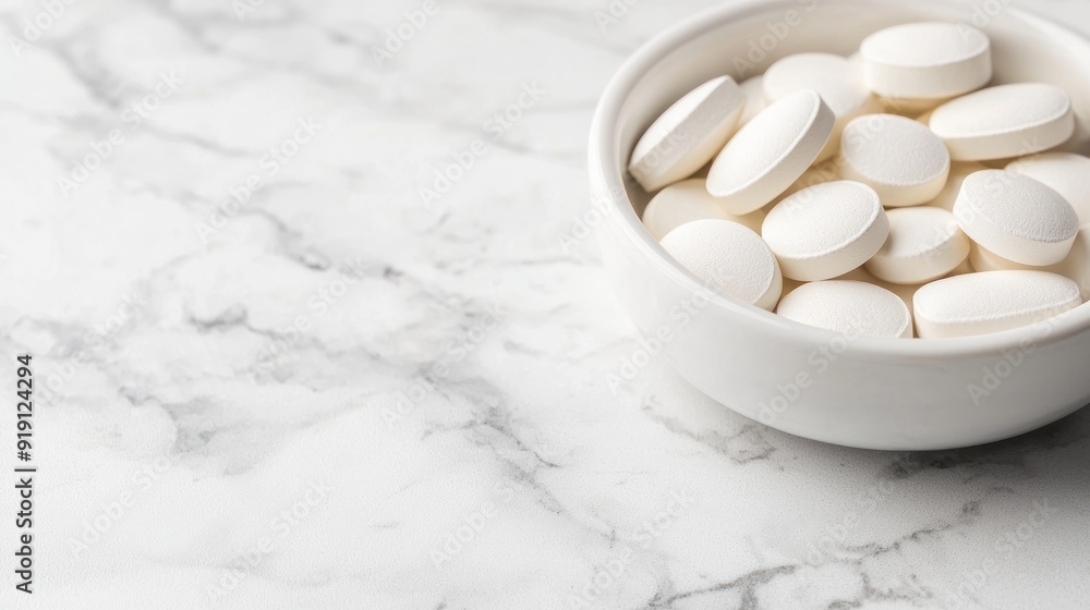 Detailed shot of magnesium and calcium tablets on a bright countertop, energy and health Detailed shot of magnesium and calcium tablets on a bright countertop, energy and health