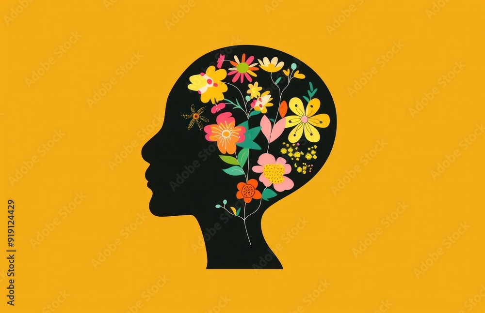 Silhouette of a woman s head filled with vibrant flowers against an orange background Silhouette of a woman s head filled with vibrant flowers against an orange background