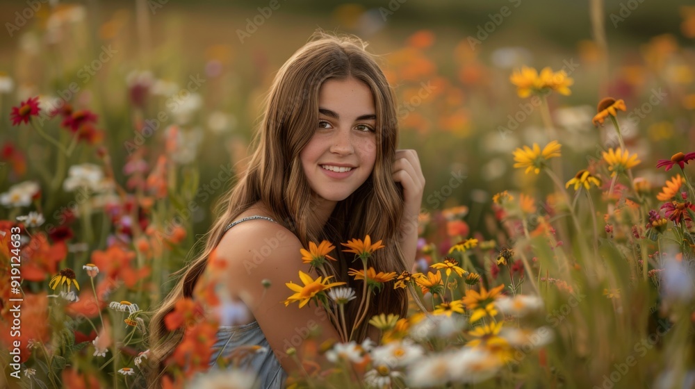 Naklejka premium Girl standing in a field of flowers, looking at the camera with a gentle smile.