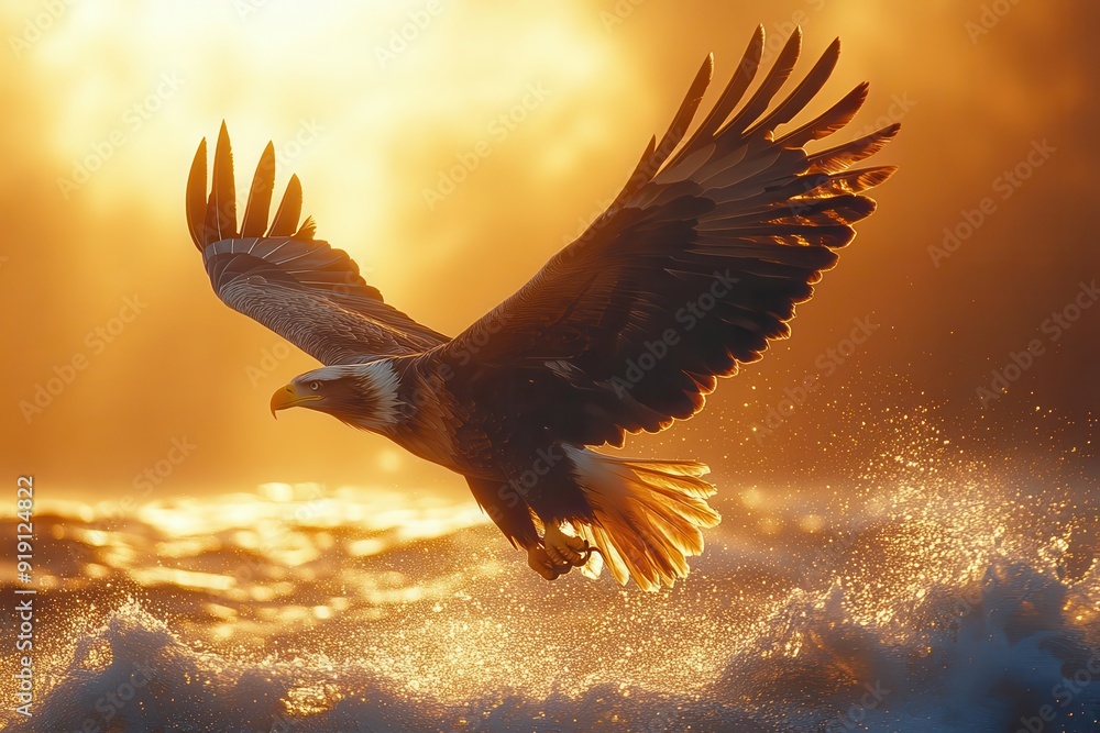 Obraz premium a majestic eagle soars over a misty coastal cliff its wings outstretched as it returns with a fish in its beak golden sunlight illuminates its feathers against a backdrop of crashing waves