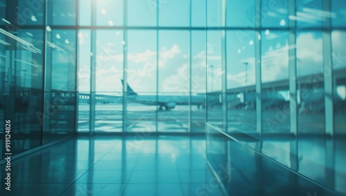 Blue-toned airport window, airplane, hangar in distance, travel concept, blurred.