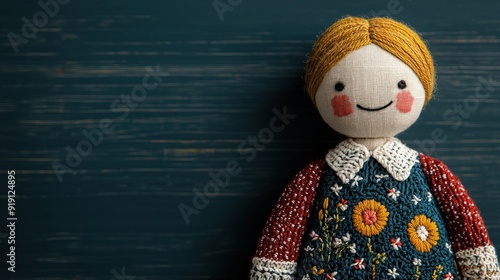 Close-up of a handmade fabric doll with patchwork clothing and intricate embroidery, showcasing detailed craftsmanship, [doll + patchwork + embroidery], [artisan dollmaking] photo