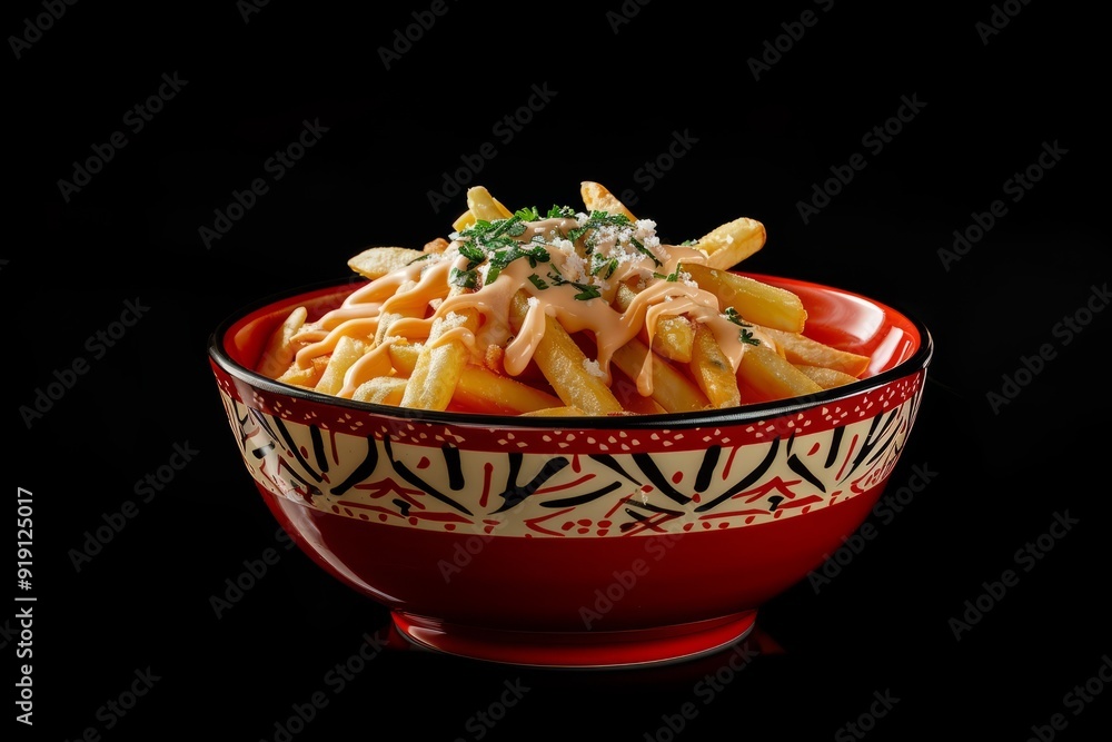 French Fries with Sauce and Herbs in a Decorative Bowl on a Dark Background French Fries with Sauce and Herbs in a Decorative Bowl on a Dark Background