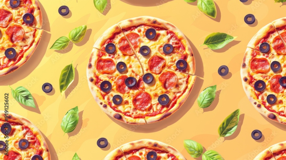 Playful seamless pattern of assorted pizzas. Playful seamless pattern of assorted pizzas.