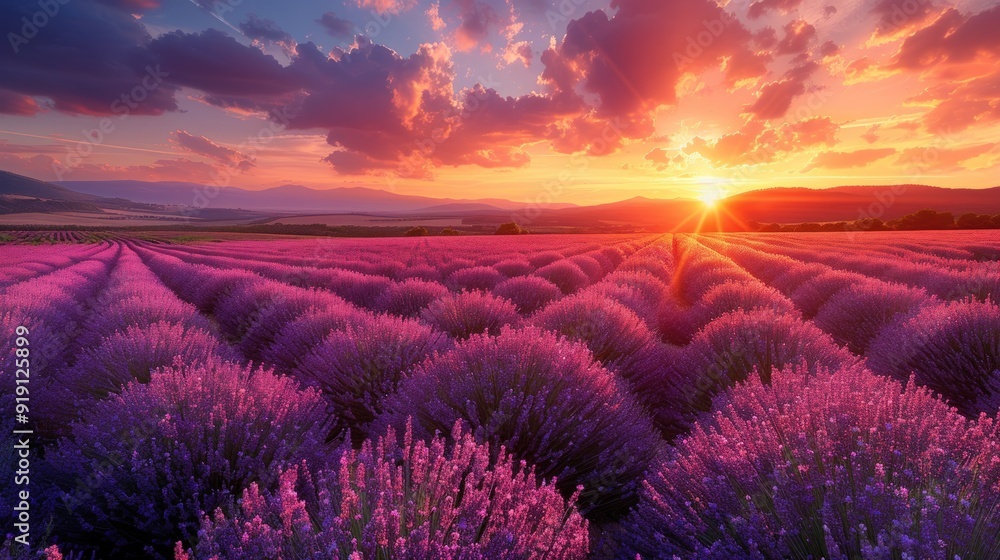 A breathtaking view of a lavender field at sunset with mountains in the background. A breathtaking view of a lavender field at sunset with mountains in the background.