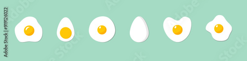 Fried egg vector set. Isolated egg sign. Breakfast illustration. Yellow yolk and white albumen.