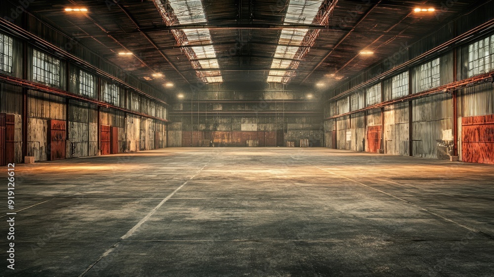 Fototapeta premium Evoking an Ambiance of Empty Warehouse with Dramatic Lighting