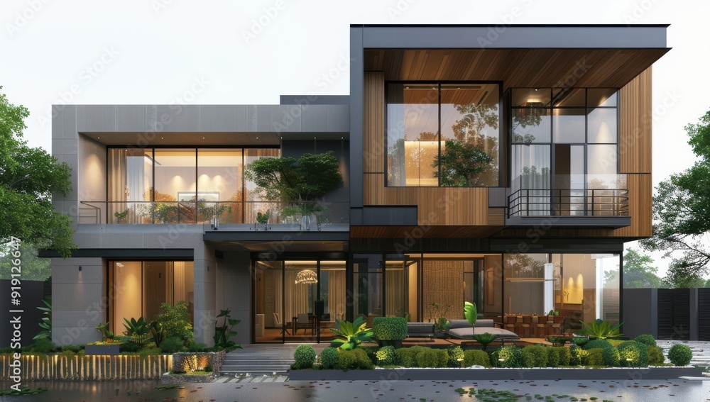 White modern house, black windows, illuminated at night, lush yard, luxury feel White modern house, black windows, illuminated at night, lush yard, luxury feel