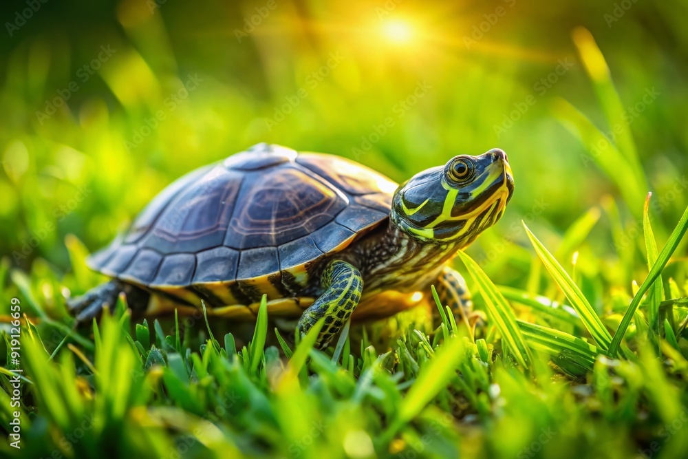 A tiny turtle, Trachemys scripta, slowly crawls through a lush green grassy meadow, its shell glistening in the sunlight, an unusual yet charming pet for a home. A tiny turtle, Trachemys scripta, slowly crawls through a lush green grassy meadow, its shell glistening in the sunlight, an unusual yet charming pet for a home.