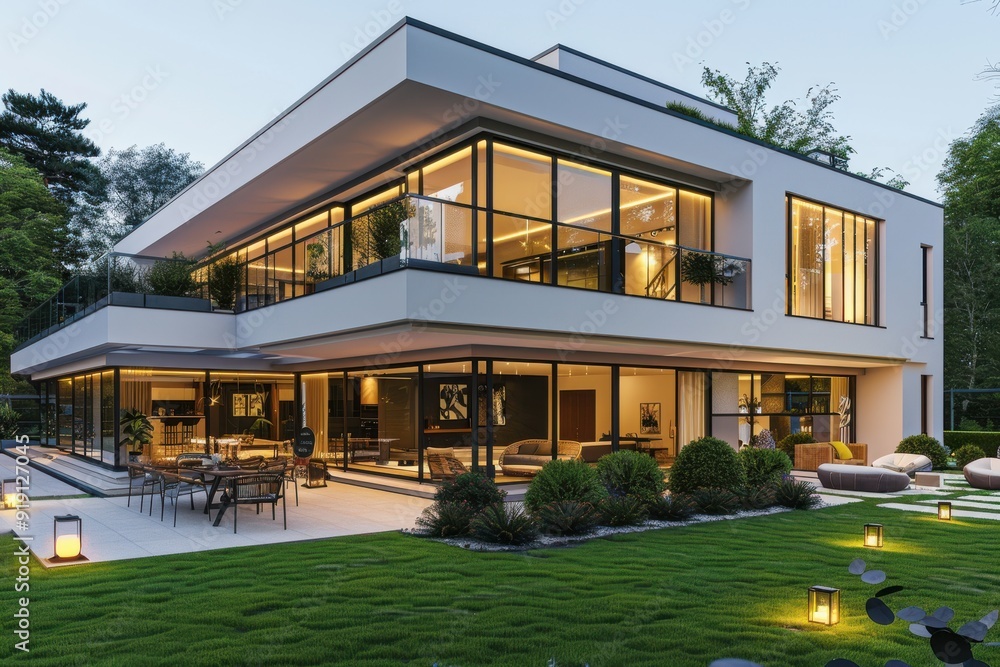 White modern house, black windows, illuminated at night, lush yard, luxury feel White modern house, black windows, illuminated at night, lush yard, luxury feel
