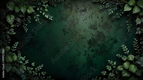 Dark green floral wall surface texture background. Intricate creative leaves. Vignette fantasy leaves frame. Twigs, branches, leaves, ivy, vines intertwined