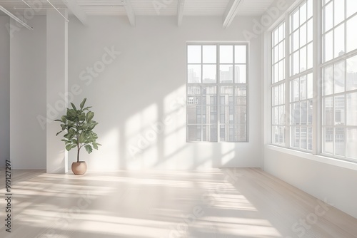 Spacious and luminous office interior with large windows