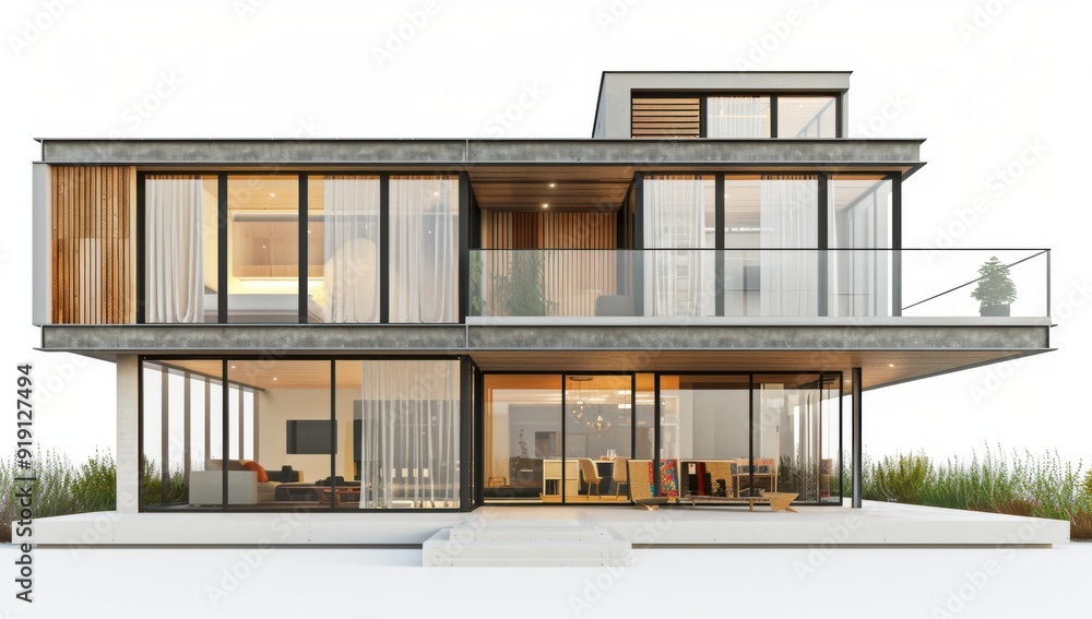 Modern house, front view, 3D rendering, wooden elements, glass windows, courtyard garden Modern house, front view, 3D rendering, wooden elements, glass windows, courtyard garden