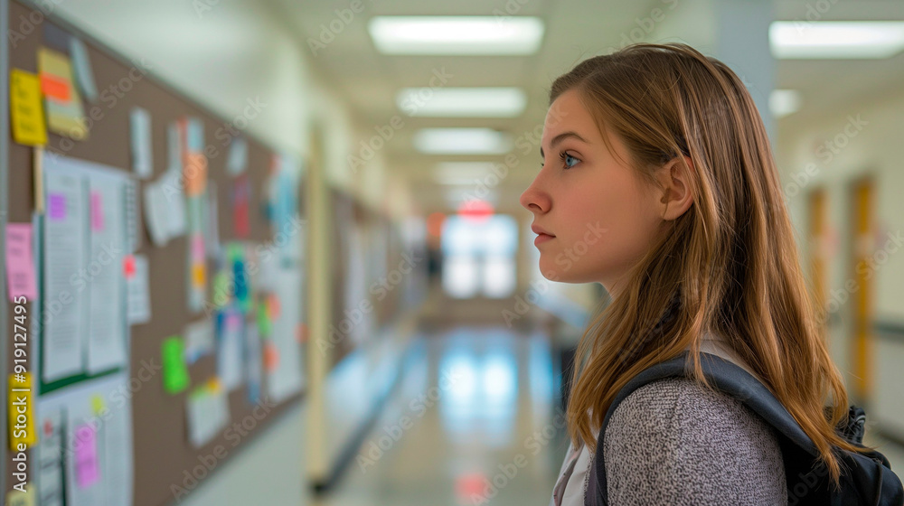 Teenage Girl Looking Thoughtfully at a Bulletin Board in a School Hallway Teenage Girl Looking Thoughtfully at a Bulletin Board in a School Hallway