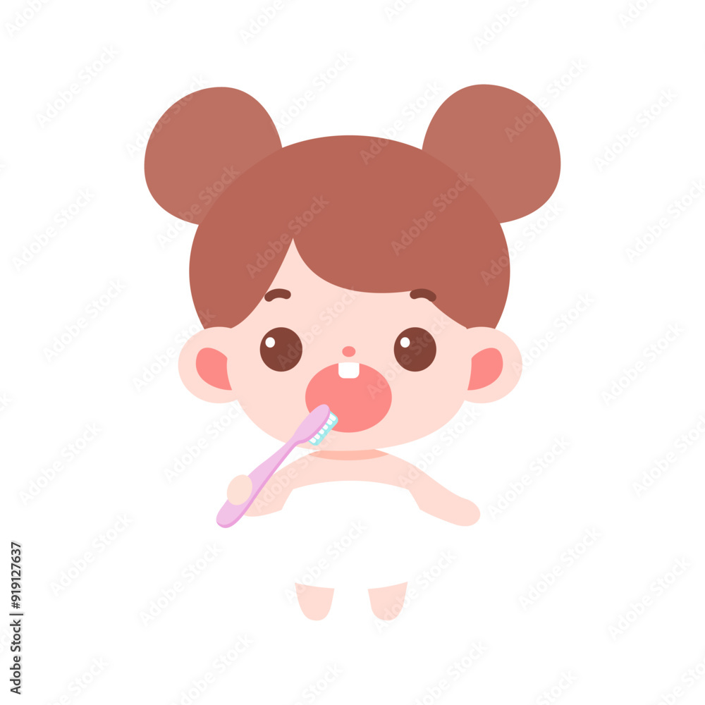 Cute Girl Brushing Teeth Cartoon Illustration Cute Girl Brushing Teeth Cartoon Illustration