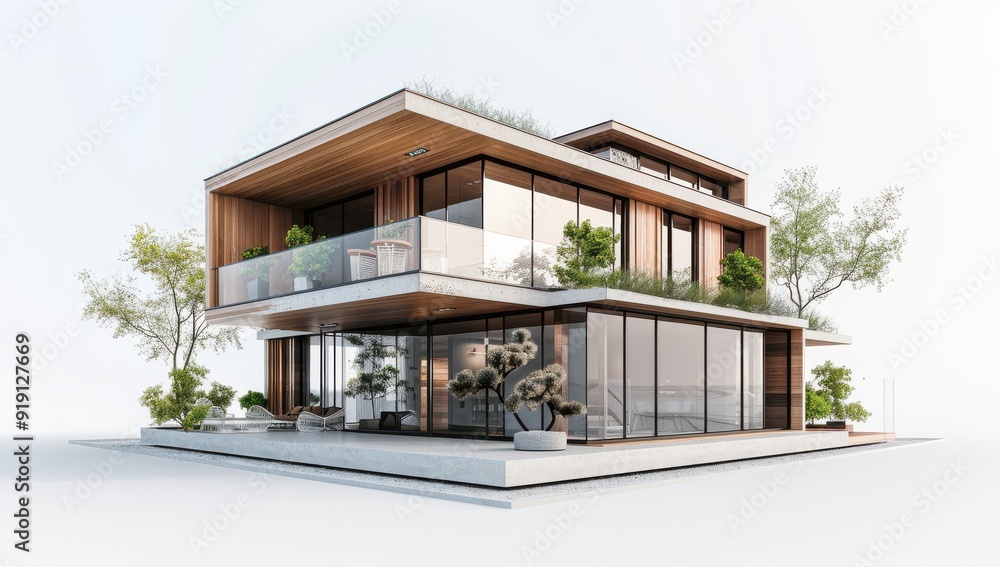 Modern house, front view, 3D rendering, wooden elements, glass windows, courtyard garden Modern house, front view, 3D rendering, wooden elements, glass windows, courtyard garden