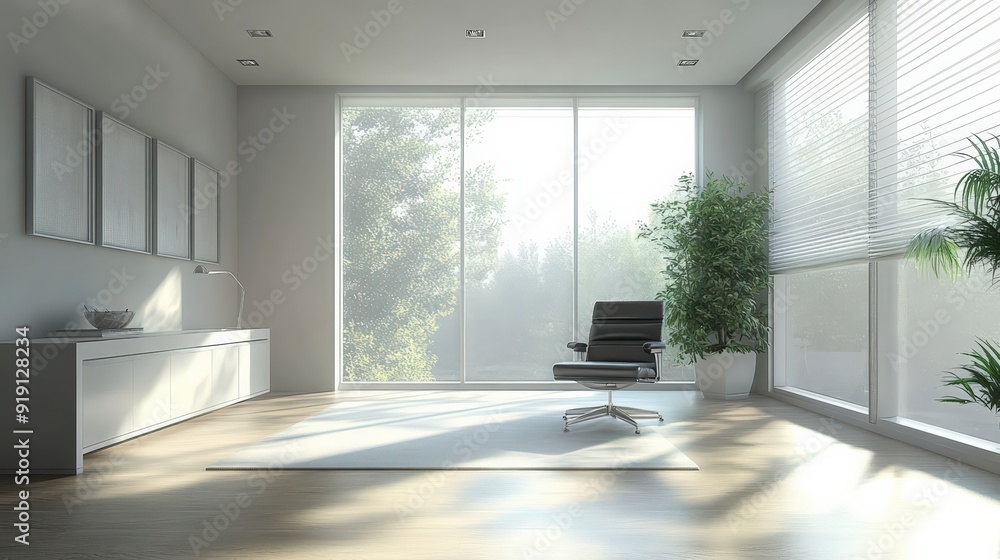 Sun shining through window in modern minimalist office Sun shining through window in modern minimalist office