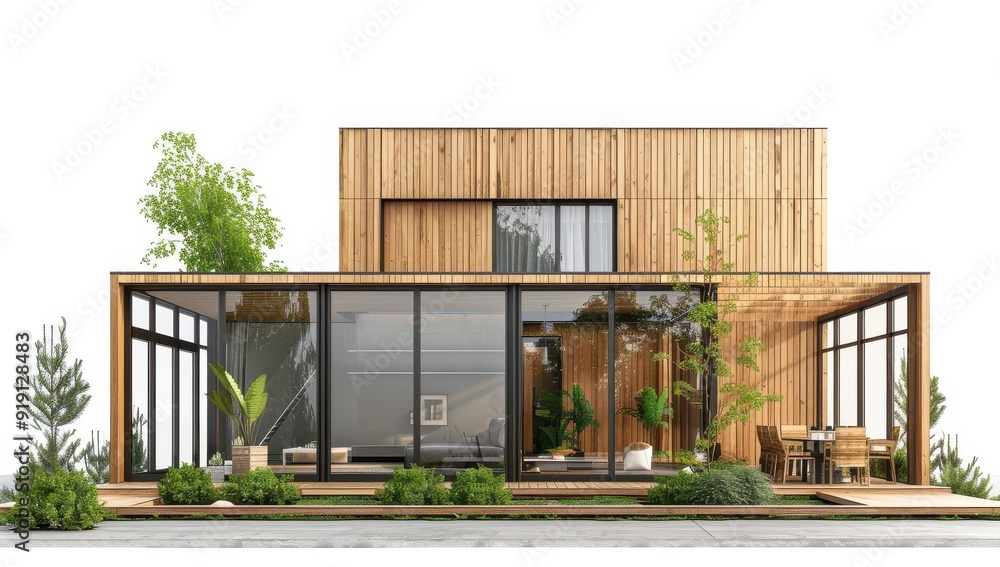 Modern house, front view, 3D rendering, wooden elements, glass windows, courtyard garden Modern house, front view, 3D rendering, wooden elements, glass windows, courtyard garden