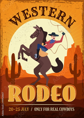 western placard. poster with cowboy with lasso riding on horse. Vector template with place for text rodeo party