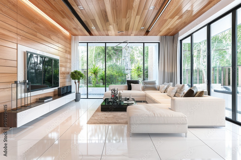 Fototapeta premium Modern living room: white tile floor, wooden ceiling, wall panels, TV stand, sofa
