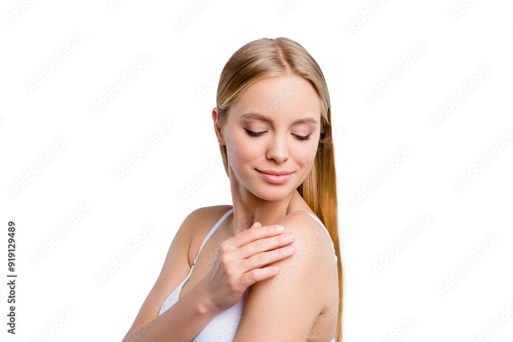 Portrait of nice dreamy lovely tender winsome delicate attractive adorable blonde girl wearing bra touching shoulder isolated over light gray background Portrait of nice dreamy lovely tender winsome delicate attractive adorable blonde girl wearing bra touching shoulder isolated over light gray background