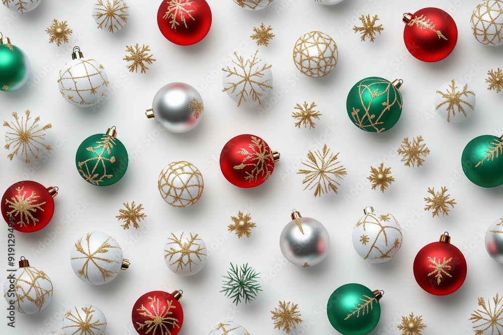 Christmas ornaments in red, green, gold, and silver are set on a white background, ideal for festive holiday designs and decorations Christmas ornaments in red, green, gold, and silver are set on a white background, ideal for festive holiday designs and decorations