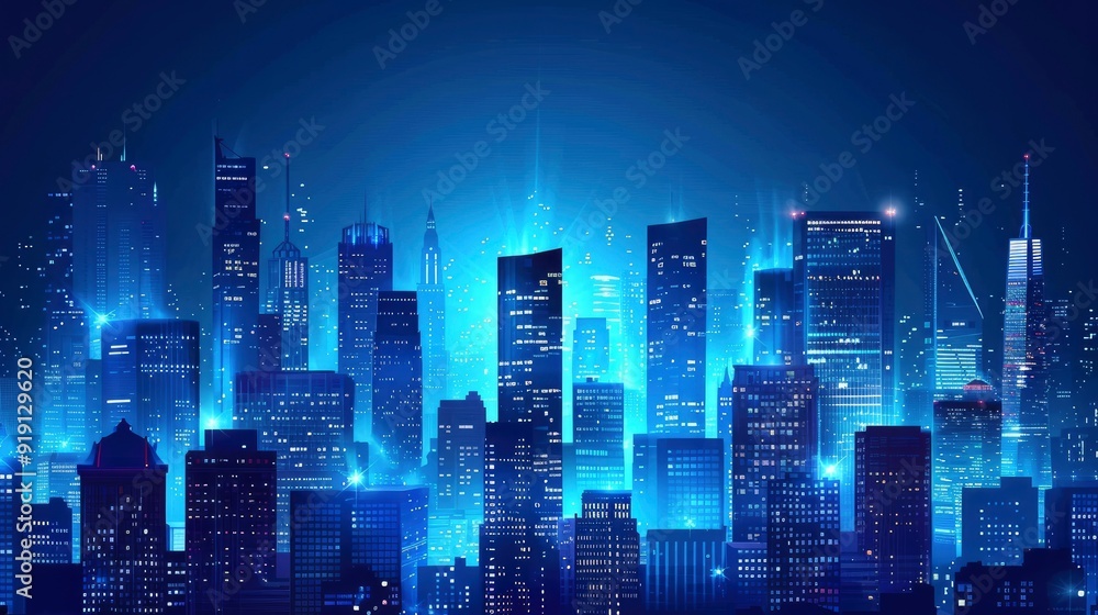 Obraz premium big city at night with skyscrapers, blue and realistic with generative ai