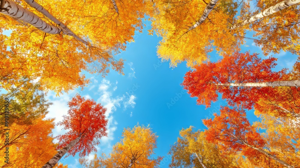 A vibrant display of autumn colors featuring red, orange, and yellow leaves against a blue sky, foliage, fall, and a seasonal scene A vibrant display of autumn colors featuring red, orange, and yellow leaves against a blue sky, foliage, fall, and a seasonal scene