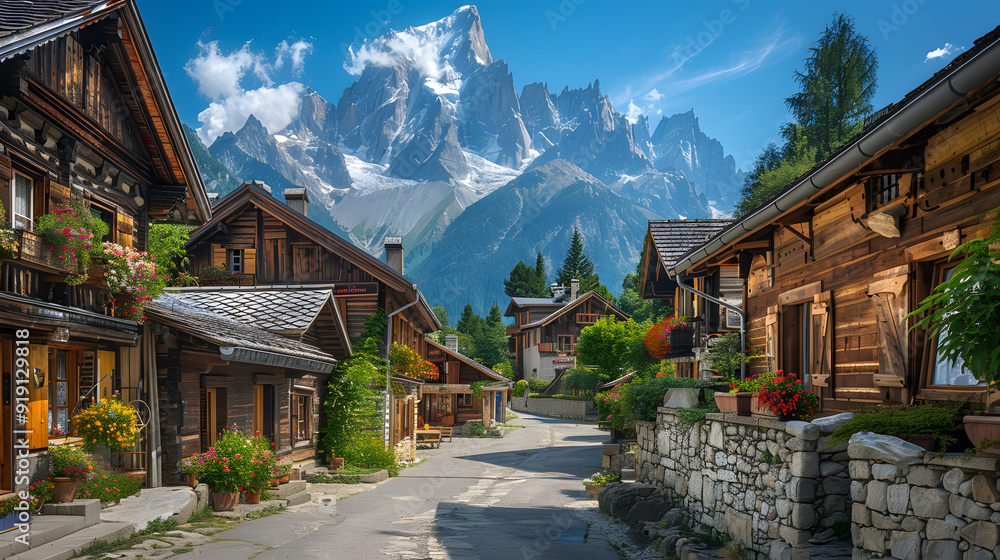 A picturesque mountain village with charming wooden chalets, narrow cobblestone streets, and a backdrop of dramatic, rocky peaks under a clear blue sky. A picturesque mountain village with charming wooden chalets, narrow cobblestone streets, and a backdrop of dramatic, rocky peaks under a clear blue sky.