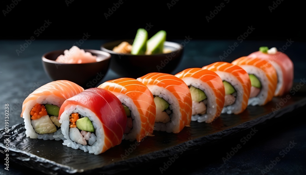 Sushi set. Sushi on a dark background. Asian, japanese cuisine. Rolls with salmon Sushi set. Sushi on a dark background. Asian, japanese cuisine. Rolls with salmon