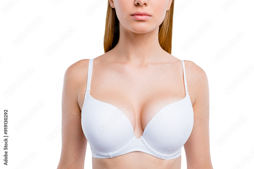 Obraz premium Healthy lifestyle concept. Cropped close-up portrait of nice calm lovely attractive adorable blonde girl chest wearing bra isolated over light gray background