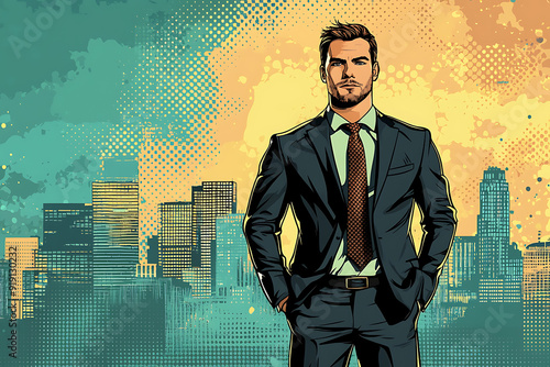 A successful businessman standing confidently in front of a towering skyscraper, wearing a sharp, tailored business suit. with bold, exaggerated colors typical of pop art. The businessman has a determ photo