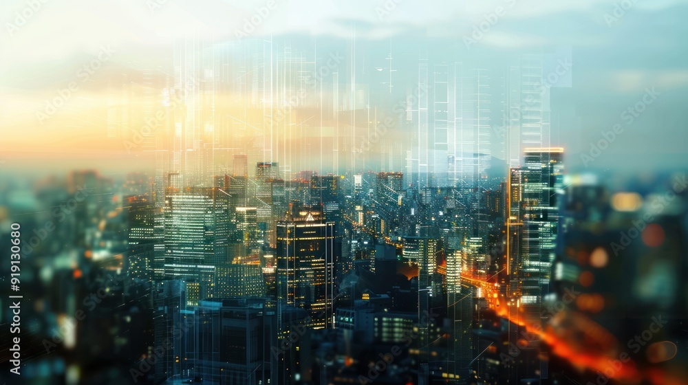 A Cityscape with Abstract Digital Lines Overlaying a Blurred Background A Cityscape with Abstract Digital Lines Overlaying a Blurred Background