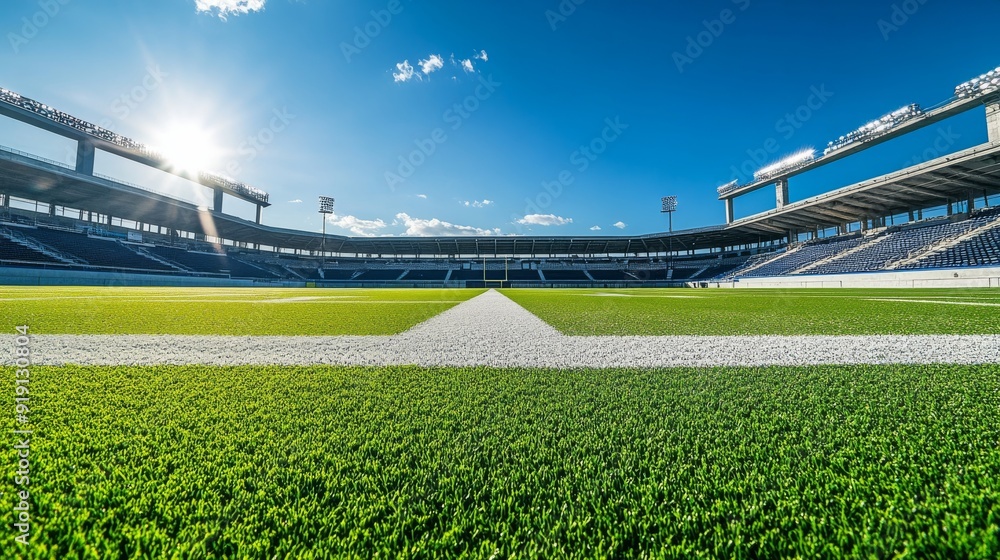 Football stadium during the day with clear skies, featuring a pristine field and well-maintained seating areas Football stadium during the day with clear skies, featuring a pristine field and well-maintained seating areas