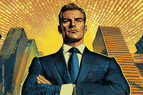 A successful businessman standing confidently in front of a towering skyscraper, wearing a sharp, tailored business suit. with bold, exaggerated colors typical of pop art. The businessman has a determ photo