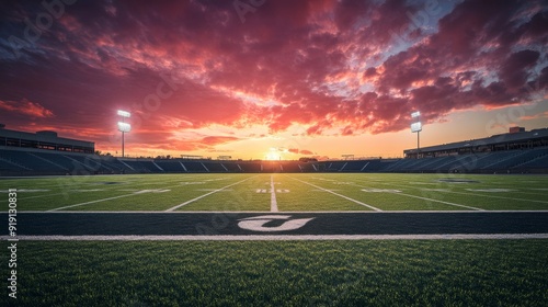 Empty football stadium under a dramatic sunset, highlighting the architectural features and the expansive field