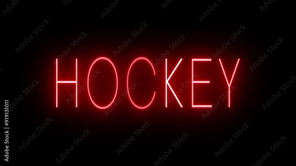 Flickering red retro style neon sign glowing against a black background for HOCKEY Flickering red retro style neon sign glowing against a black background for HOCKEY