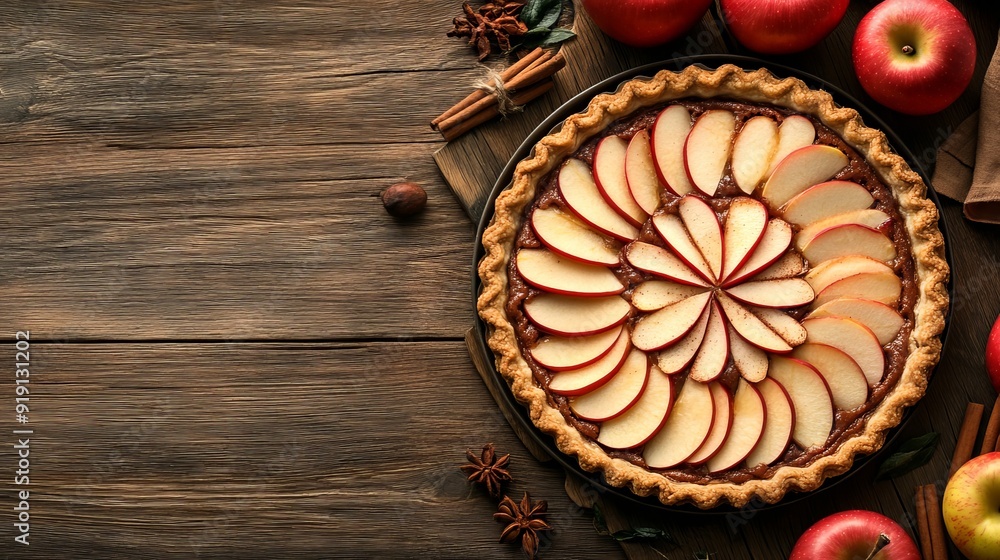 On the dark brown rustic wooden backdrop of this dessert, juici red apples are accompanied by aromatic spices and freshly baked. On the dark brown rustic wooden backdrop of this dessert, juici red apples are accompanied by aromatic spices and freshly baked.