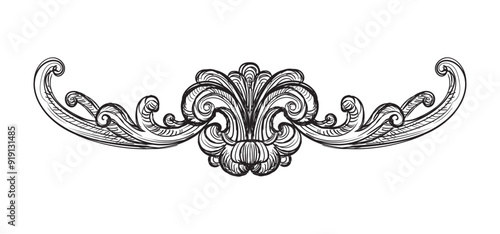 Hand drawing sketch of ornate design element. Abstract baroque style. Vector isolated engraving illustration. Vintage ornate element in old fashioned style for decoration, print and design.