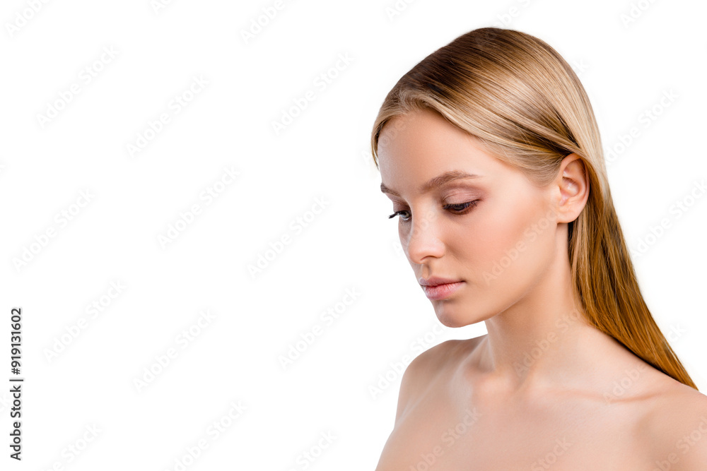 Close-up portrait of nice attractive lovely sweet winsome delicate minded serious blonde girl clean clear smooth healthy skin copy empty blank space isolated over light gray background Close-up portrait of nice attractive lovely sweet winsome delicate minded serious blonde girl clean clear smooth healthy skin copy empty blank space isolated over light gray background