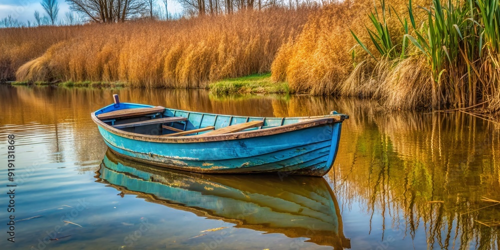 A weathered, blue boat, half-submerged in mud, sits forlornly among towering reeds on the serene, banks of a murky, slow-moving, brown-water river. A weathered, blue boat, half-submerged in mud, sits forlornly among towering reeds on the serene, banks of a murky, slow-moving, brown-water river.