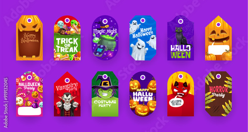 Halloween holiday gift tags. Isolated vector badges with ghosts, jack lantern faces, sweets and witch hat, devil, cauldron. Set of decorative festive cards for presents with place for name or message