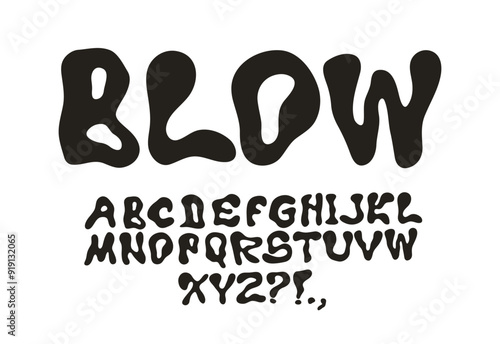 Bubble font. Typescript with liquid effect. Y2K alphabet. Wavy groovy letters. Black and white hand drawn typeface