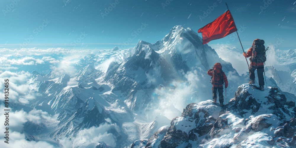 Two Climbers Reach the Summit of a Snowy Mountain Two Climbers Reach the Summit of a Snowy Mountain