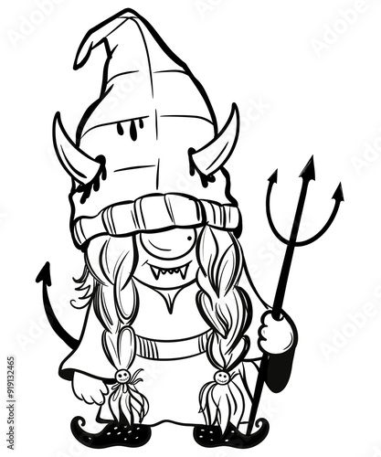 Wallpaper Mural Halloween holiday girl gnomes in costumes. freehand drawing, black and white illustration, funny hat halloween Torontodigital.ca